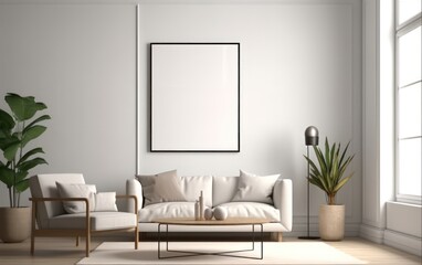 Modern living room with counter, with empty canvas or wall decor with frame. Mockup