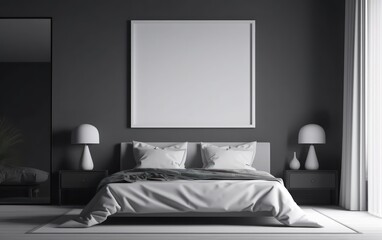 Modern bedroom interior with empty canvas or wall decor with frame in center for product presentation