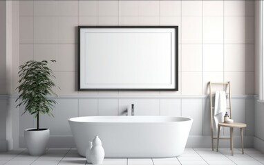 Obraz na płótnie Canvas Blank picture frame mockup template, bathroom design, clean, minimalist