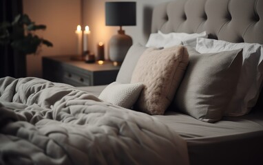 Cosy bedroom in modern home, pillows close up