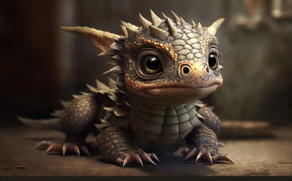Cute baby dragon animal close up Medieval fantasy creature