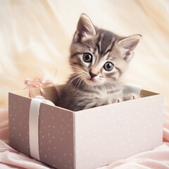Cute kitten in a present box. AI generated content