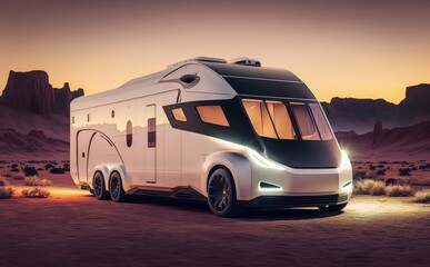 Luxury futuristic rv van. Living on the road concept, electric car for sustainable development - obrazy, fototapety, plakaty