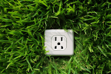 socket with power plug on green grass. AI generated content