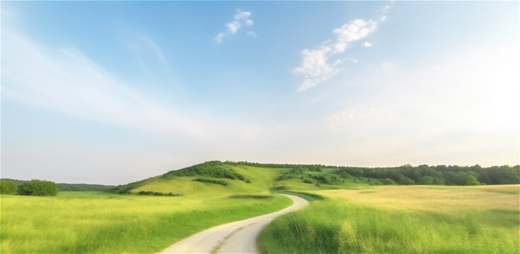 a road through the green field with clouds in blue sky on a summer day. AI generated content