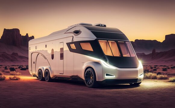Luxury futuristic rv van. Living on the road concept, electric car for sustainable development