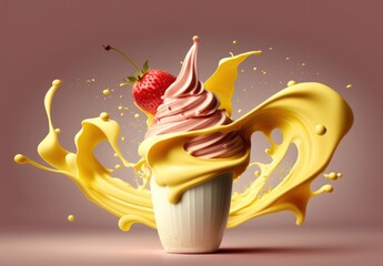 A strawberry milkshake with strawberries on top