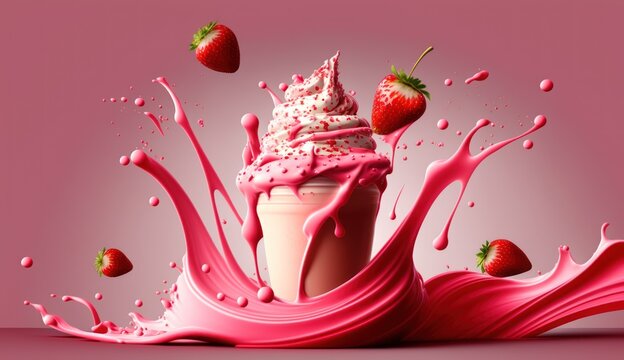 A strawberry milkshake with strawberries on top