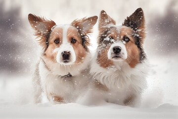 two dogs playing in the snow, their fur and ears covered in white, created with generative ai