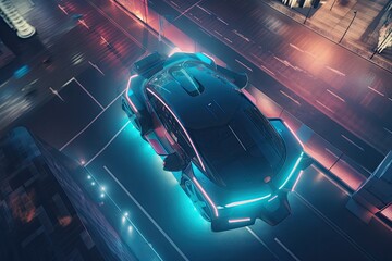 autonomous vehicle and drone speeding through the city, with in-car view, created with generative ai