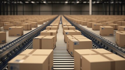 Fototapeta premium Cardboard boxes on conveyor rollers ready to be shipped by courier for distribution