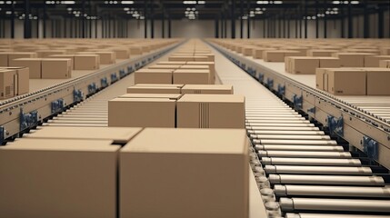 Fototapeta premium Cardboard boxes on conveyor rollers ready to be shipped by courier for distribution