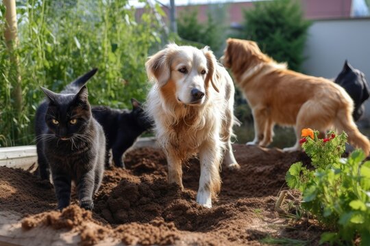 Cats And Dogs With Dirty Paws Digging In The Garden, Created With Generative Ai