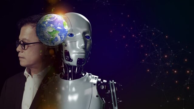 Robot and human with earth global on futuristic vitual background. AI artificial intelligence digital chat bot, machine learning, big data, cloud computing, computer network and innovation technology.