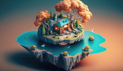 surreal tiny island with house