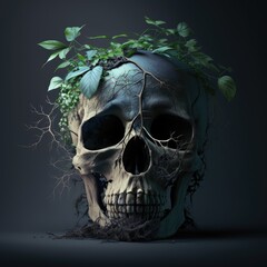 human skull covered by plants