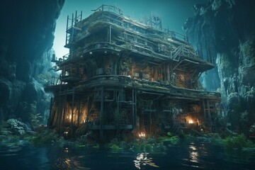 Sci-fi building underwater, fantasy illustration. Generative AI