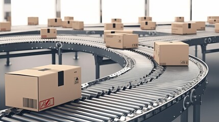 Cardboard boxes on conveyor rollers ready to be shipped by courier for distribution