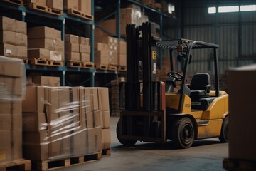 a forklift and a pallet of goods in a warehouse, with ocargo visible in the background. 