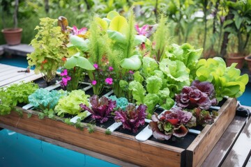 hydroponic garden with a variety of colorful flowering plants, created with generative ai