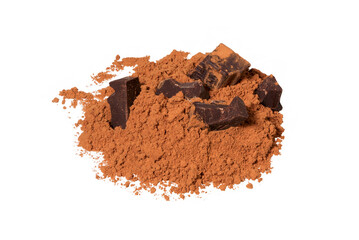 Fototapeta na wymiar Dark chocolate bar and powder cocoa on white