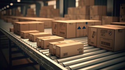 Cardboard boxes on conveyor rollers ready to be shipped by courier for distribution