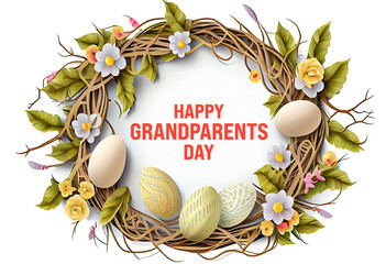 Happy Grandparents Day round frame shape Stylish wreath of decorated easter eggs. Generative Ai