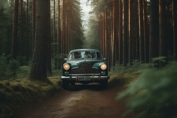 Plakat Vintage car and coniferous forest inside green outline. Generative AI