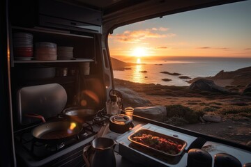 van cooking breakfast with view of the sunrise, created with generative ai