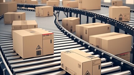 Automated Modern Retail Warehouse AGV Robots Transporting Cardboard Boxes in Distribution Logistics Center. Generative AI