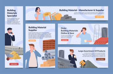 Building material manufacturer and supplier online order service landing page set vector