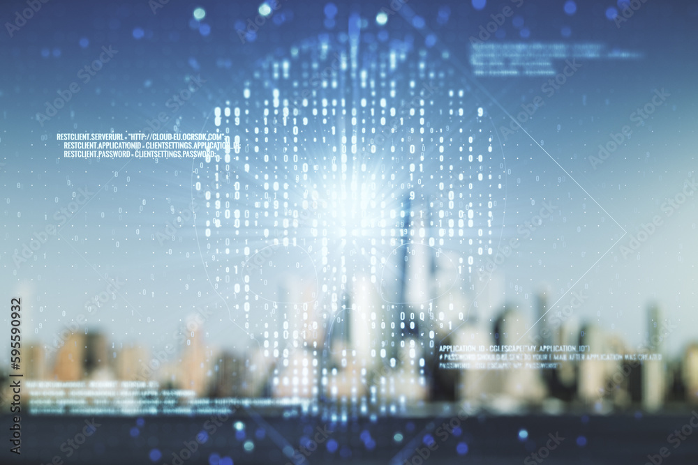 Poster double exposure of abstract virtual creative code skull hologram on blurry cityscape background. mal