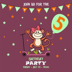 Fototapeta premium little monkey, children's birthday invitation template with monkey, cute baby girl kids party invitation, birthday invitation, 5 years, join us for the birthday party, baby shower 