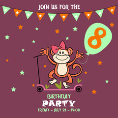 Fototapeta premium little monkey, children's birthday invitation template with monkey, cute baby girl kids party invitation, birthday invitation, 8 years, join us for the birthday party, baby shower 