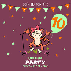 little monkey, children's birthday invitation template with monkey, cute baby girl kids party invitation, birthday invitation, 10 years, join us for the birthday party, baby shower	