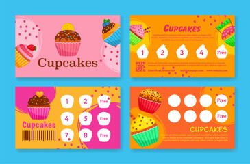 Cupcakes bakery loyalty card design template collect stamp sticker for get free set vector