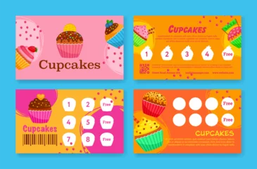 Fototapeten Cupcakes bakery loyalty card design template collect stamp sticker for get free set vector © Vikivector
