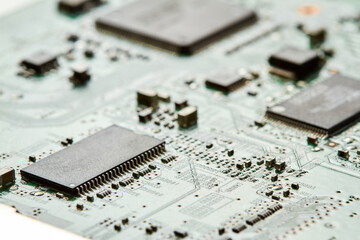Close-up of computer chip on a part of electronic printed circuit board