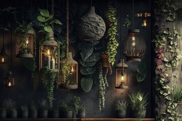 vertical garden with hanging plants and lanterns, creating cozy atmosphere, created with generative ai