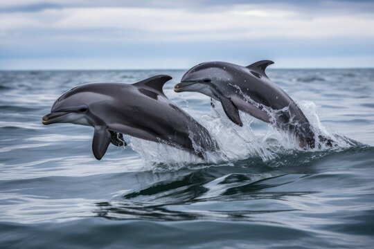group of baby dolphins leaping and playing together in the ocean, created with generative ai