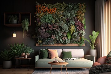 vertical garden with lush plants, fruits and flowers on wooden wall in living room, created with generative ai