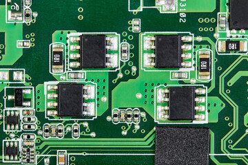 Close-up of computer chips on a part of electronic printed circuit board