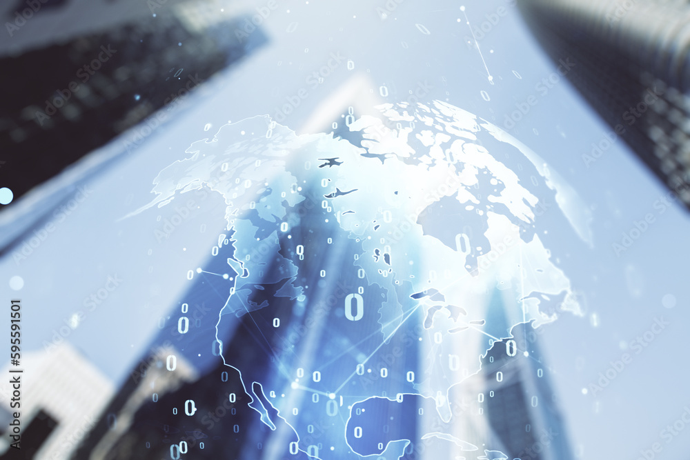 Poster multi exposure of abstract programming language hologram and world map on blurry cityscape backgroun