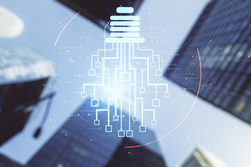 Virtual creative light bulb illustration with microcircuit on modern architecture background, future technology concept. Multiexposure