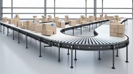 Cardboard boxes on conveyor rollers ready to be shipped by courier for distribution	