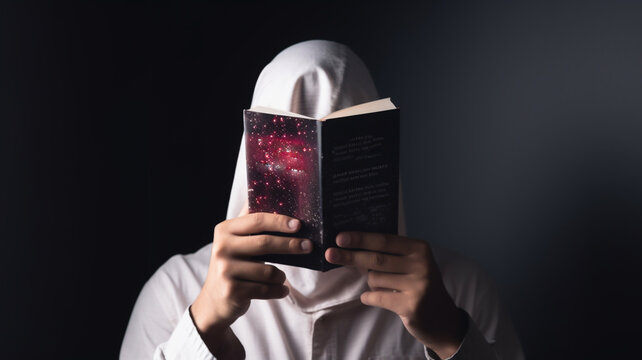 Man covering face with futuristic book depicting a geek. Ai generative