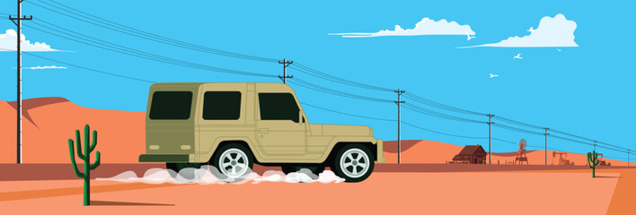 Beautiful female photographer sitting suv and taking photos. Vector illustration of western house and oil rigs.