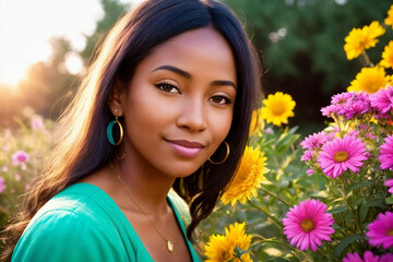 Portrait of an african woman with bouquet of flowers in a garden. Generative AI.