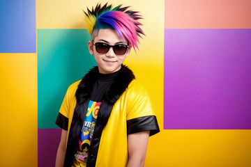 Portrait of an asian man with colorful mohawk hair and sunglasses on abstract painted background, summer vibrancy. Generative AI.