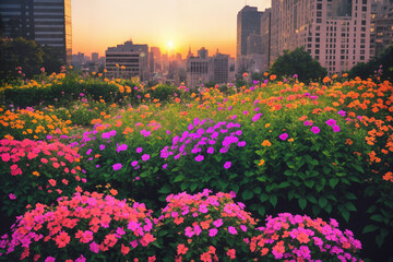Flower garden, flowerbed close-up in modern city, landscaping, beautiful nature in summer. Generative AI.